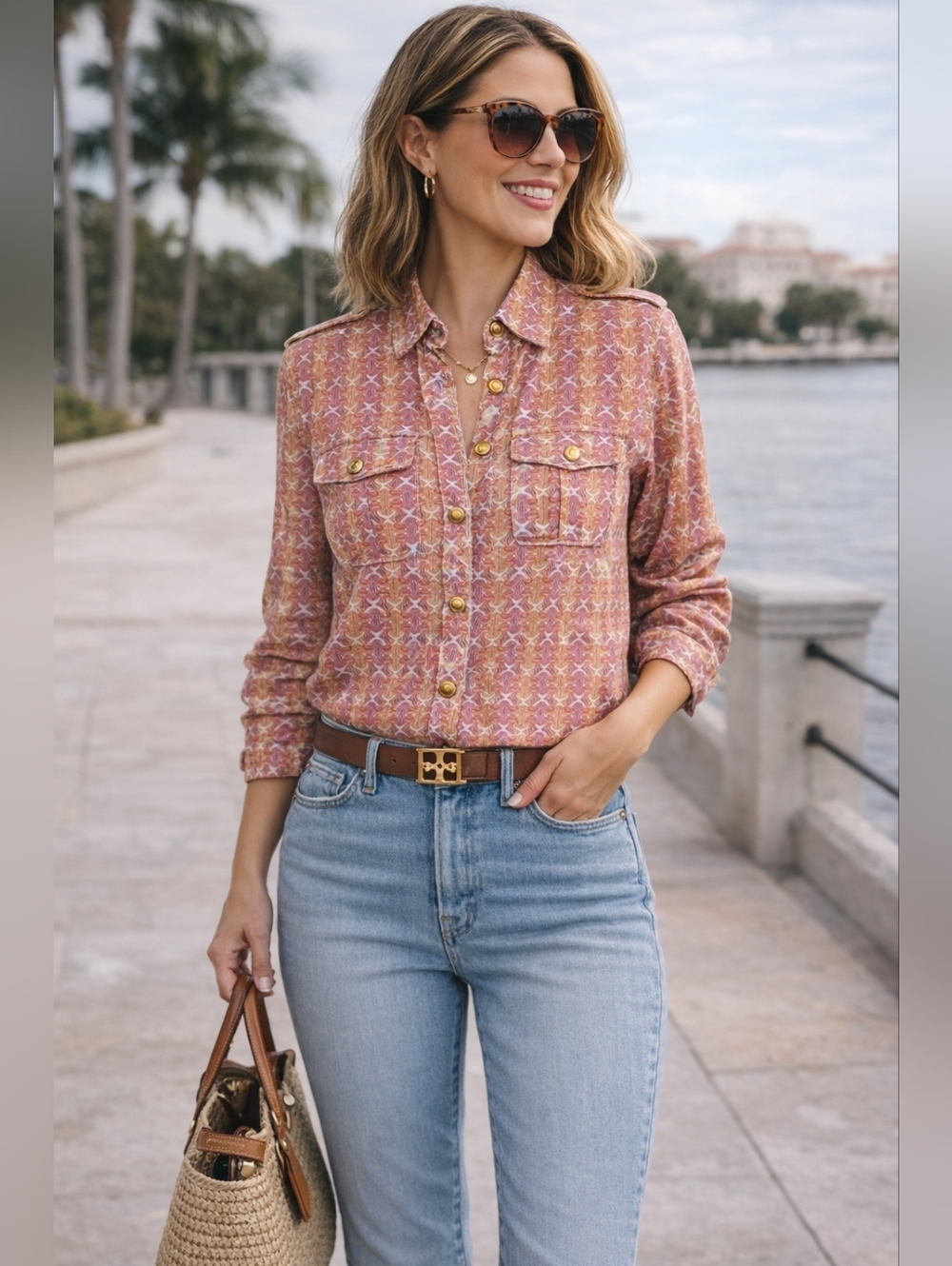 Tory Burch Printed Cotton Button Down Shirt Pink Orange Geo Utility Blouse Sz 10